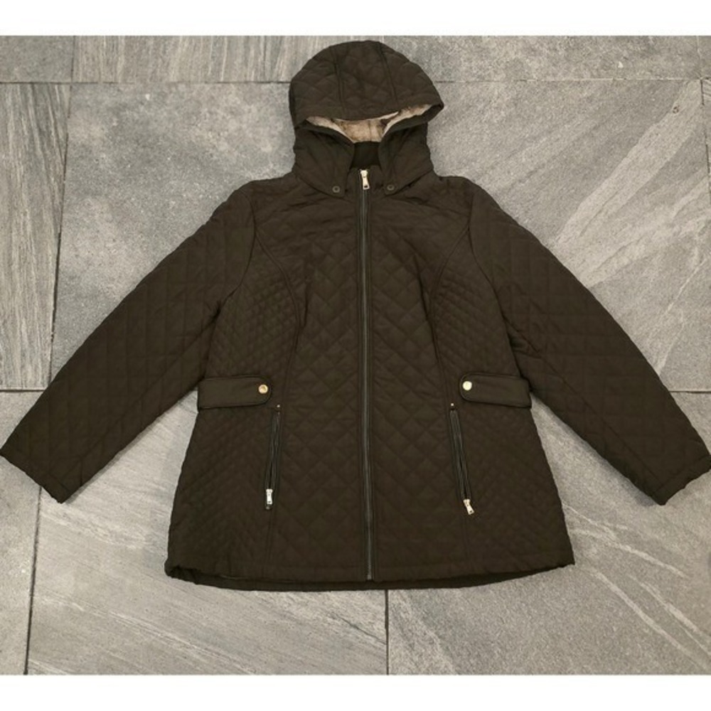 Quilted Hooded Jacket Dark Brown Faux Fur Lined Zip  Women 3XL - Picture 3 of 8